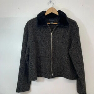 BarrageFleece  Jacket Woman Large Faux Fur Collar Full Zip Brown Herringbone